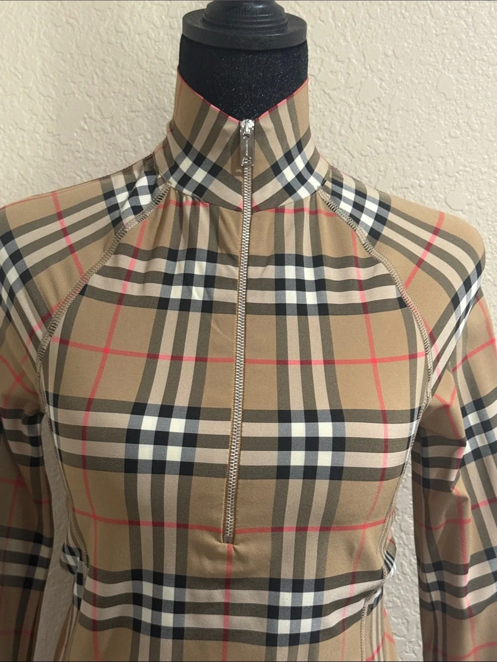 Burberry Beige Vintage Check Zip Neck Top